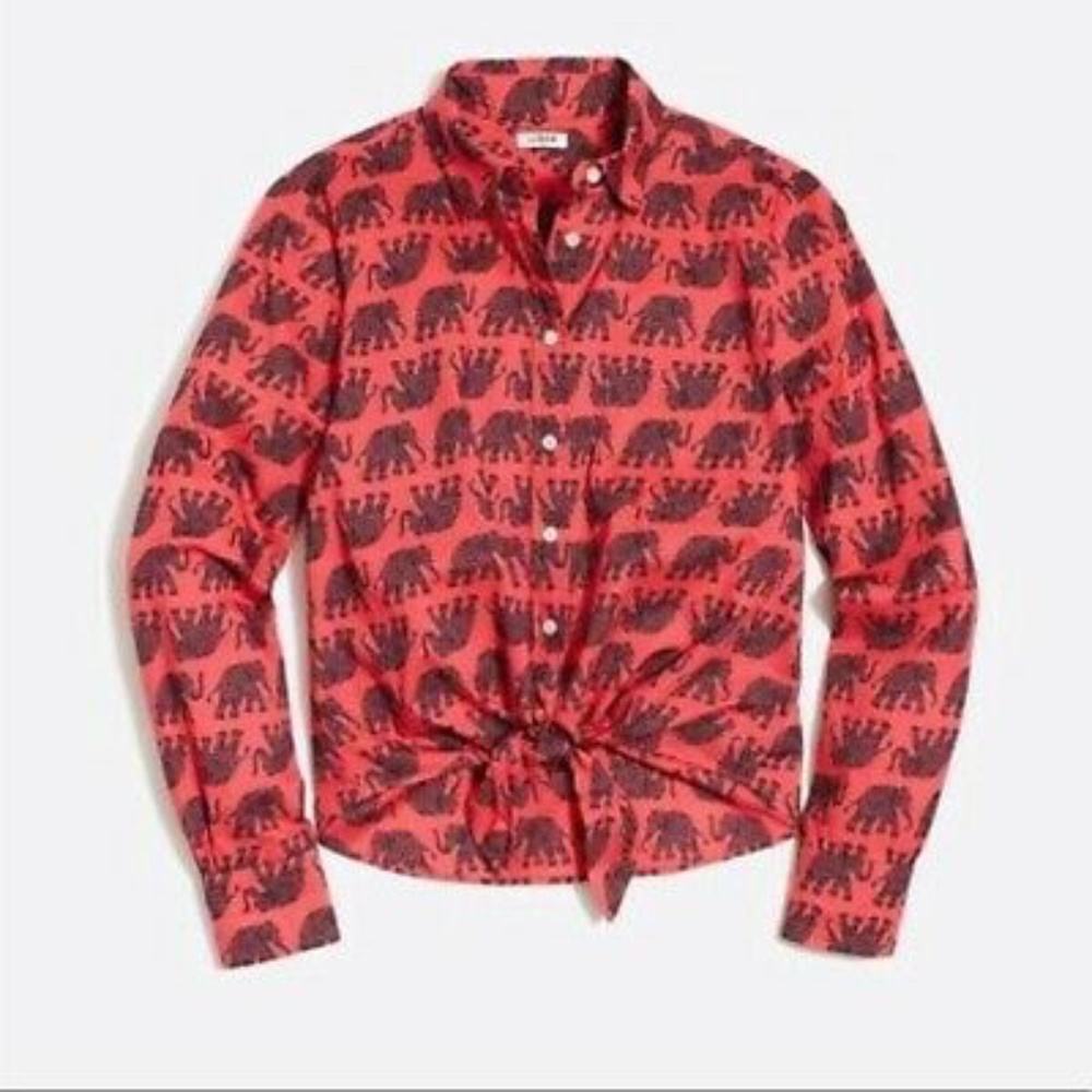 J Crew Elephant Print Tie Front Shirt